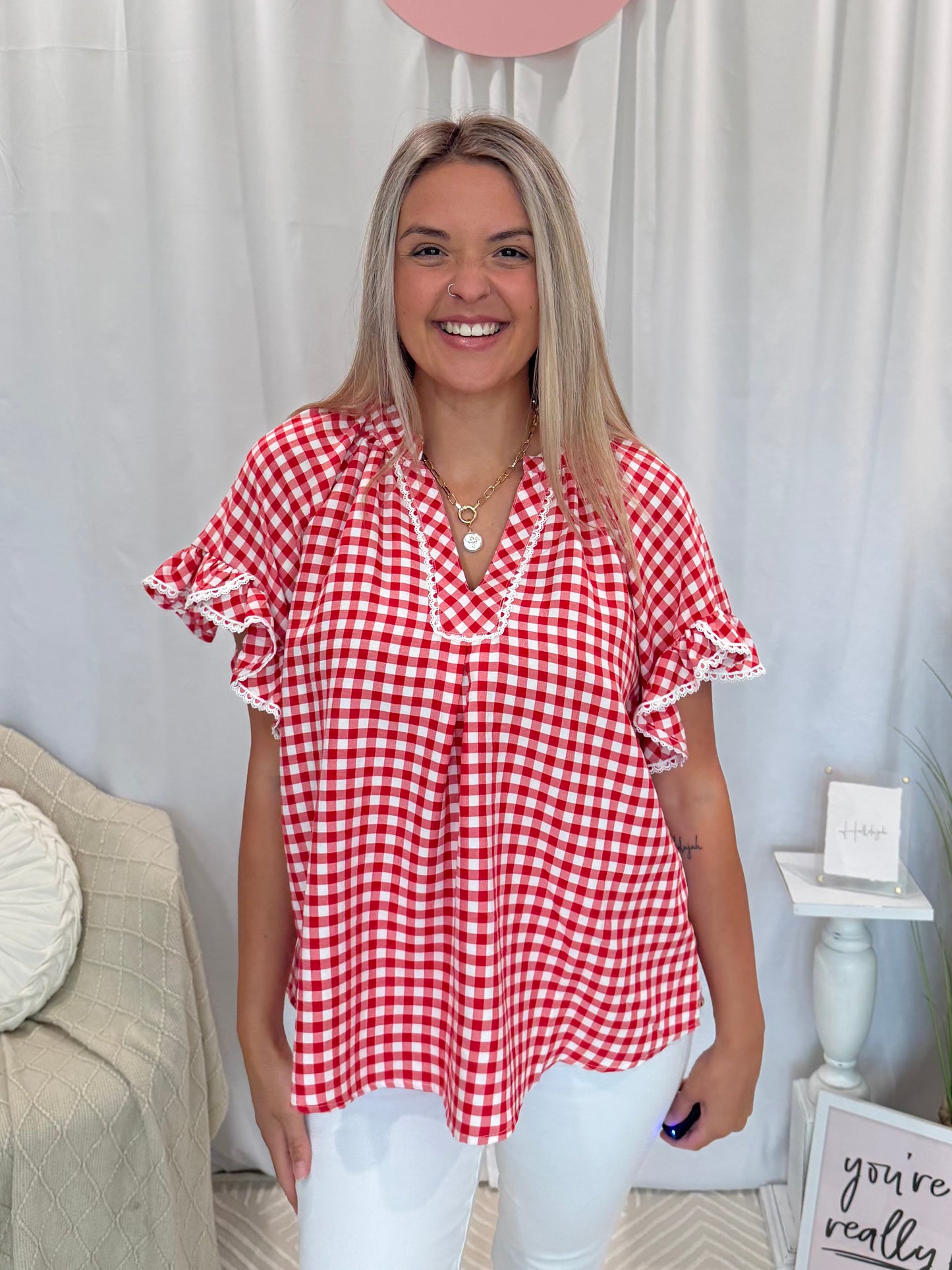 Cranberry Ruffle Gingham Top
