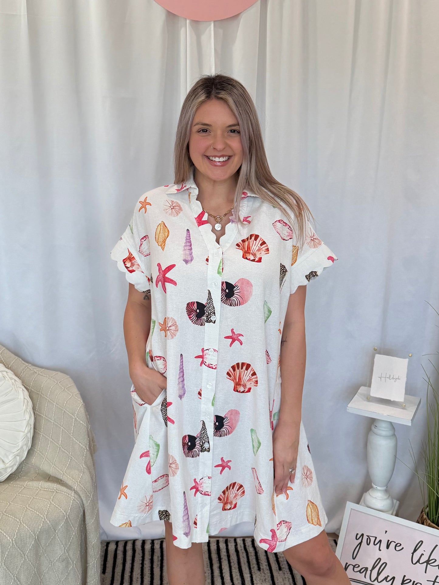 Coral Scalloped Seashell Dress (Pockets!)