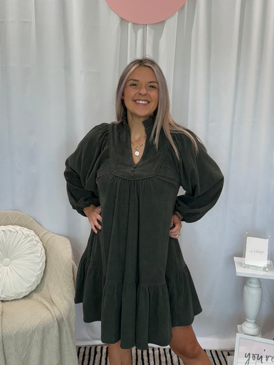 Olive Corduroy Deluxe Dress