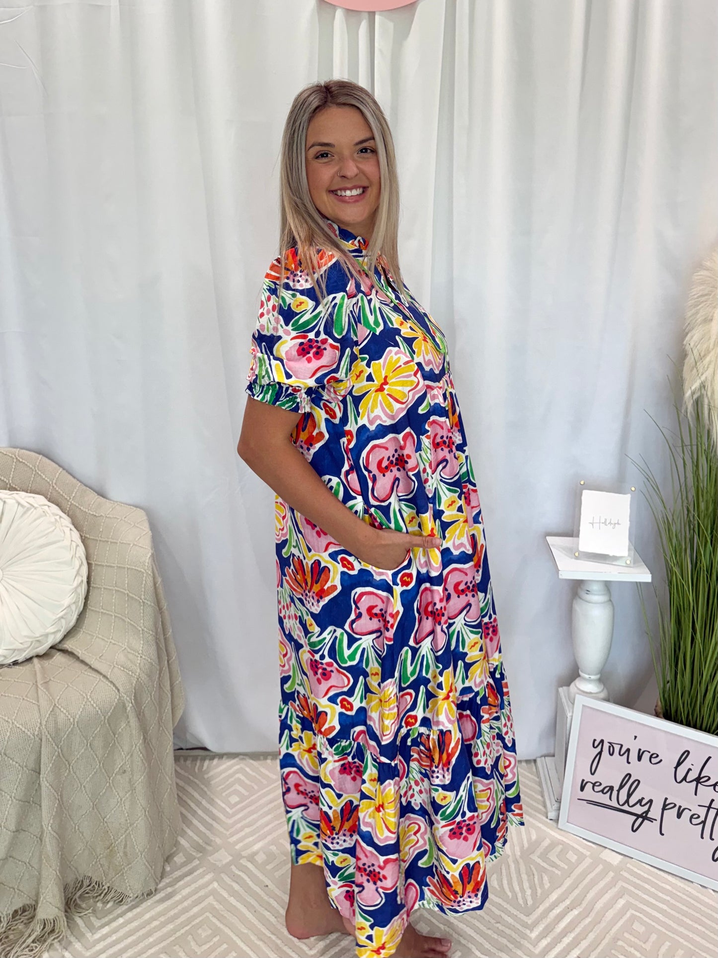 Cobalt Island Bloom Dress (Pockets!)