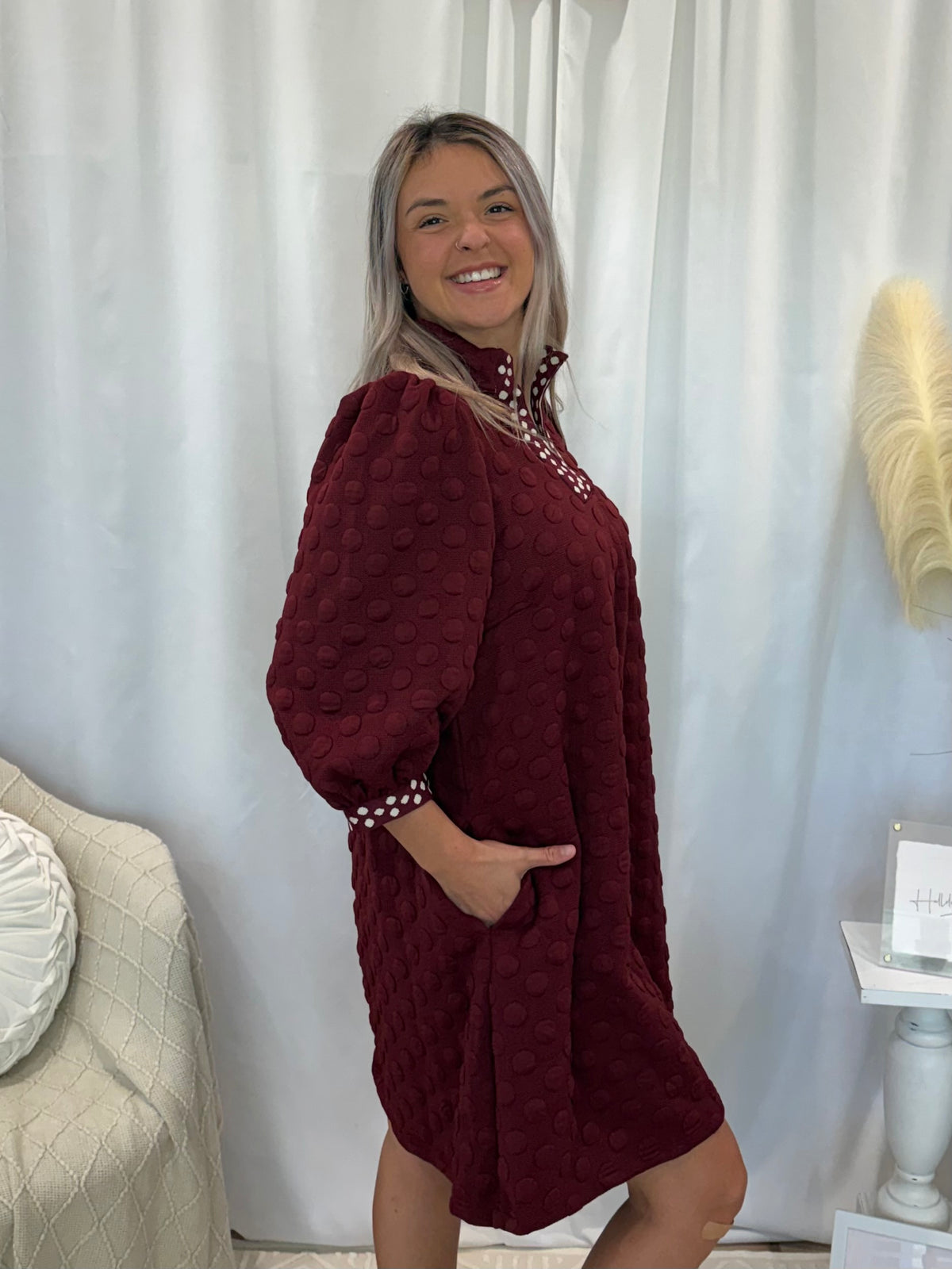 Maroon Polka Dot Dress (Pockets!)