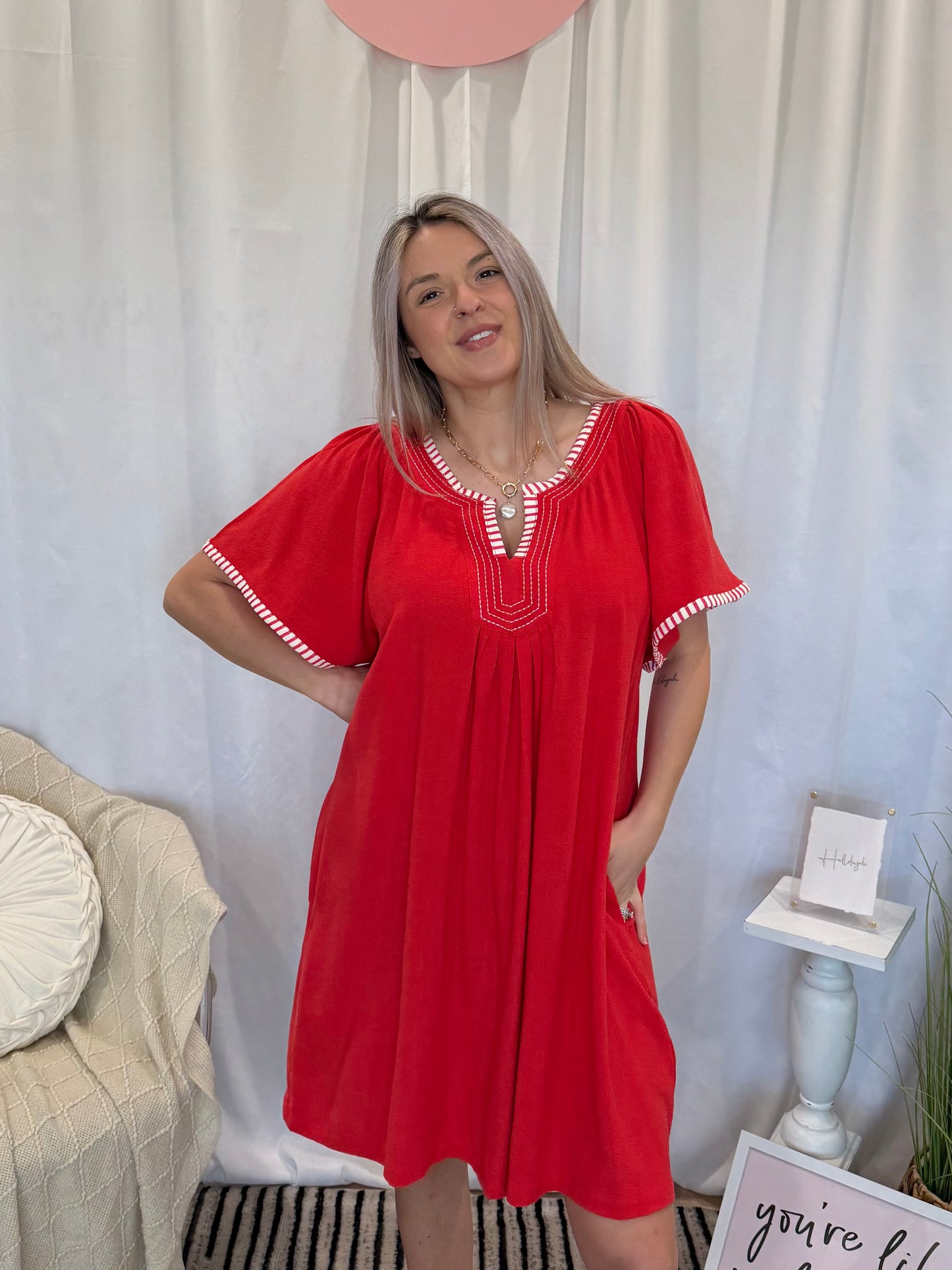 Pop of Red Dress (Pockets!)