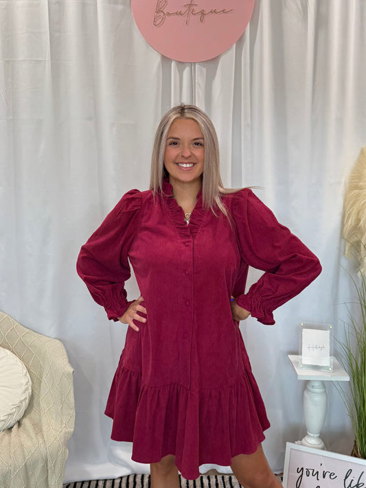 Wine Corduroy Comfort Dress