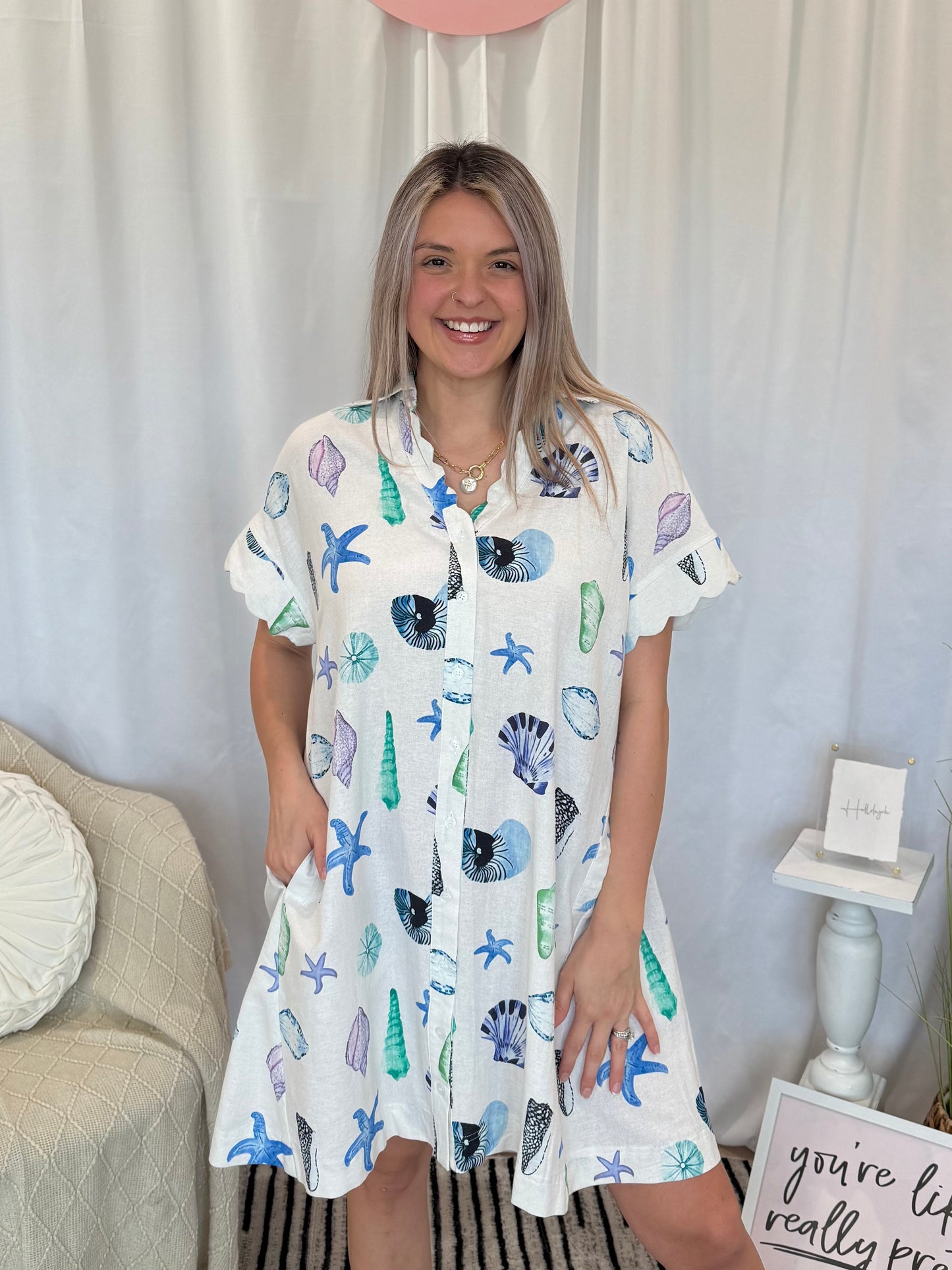 Blue Scalloped Seashell Dress (Pockets!)