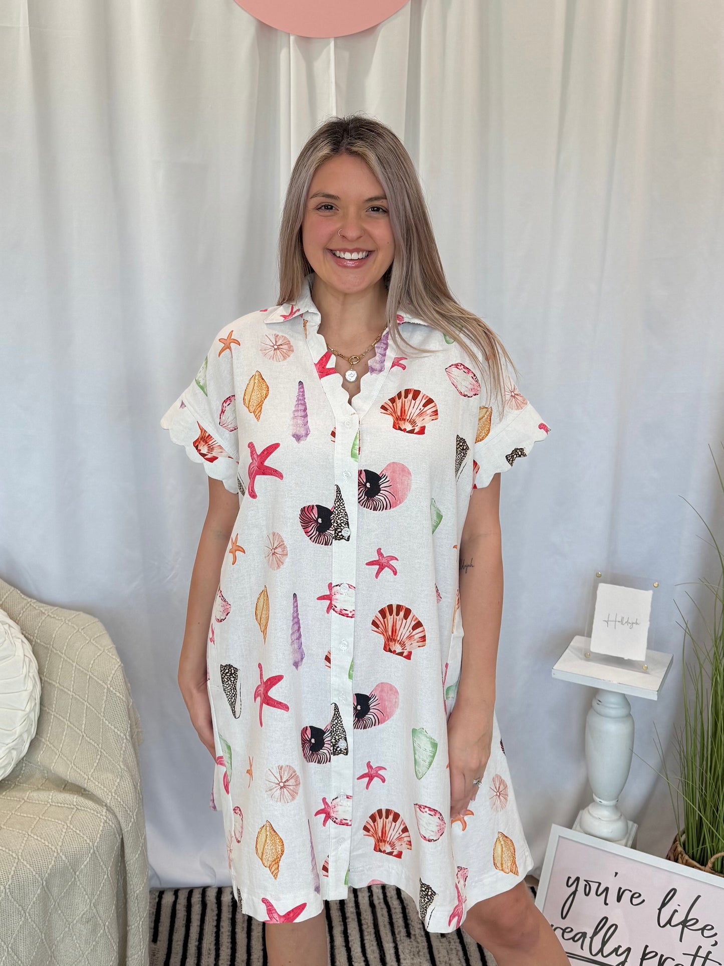 Coral Scalloped Seashell Dress (Pockets!)