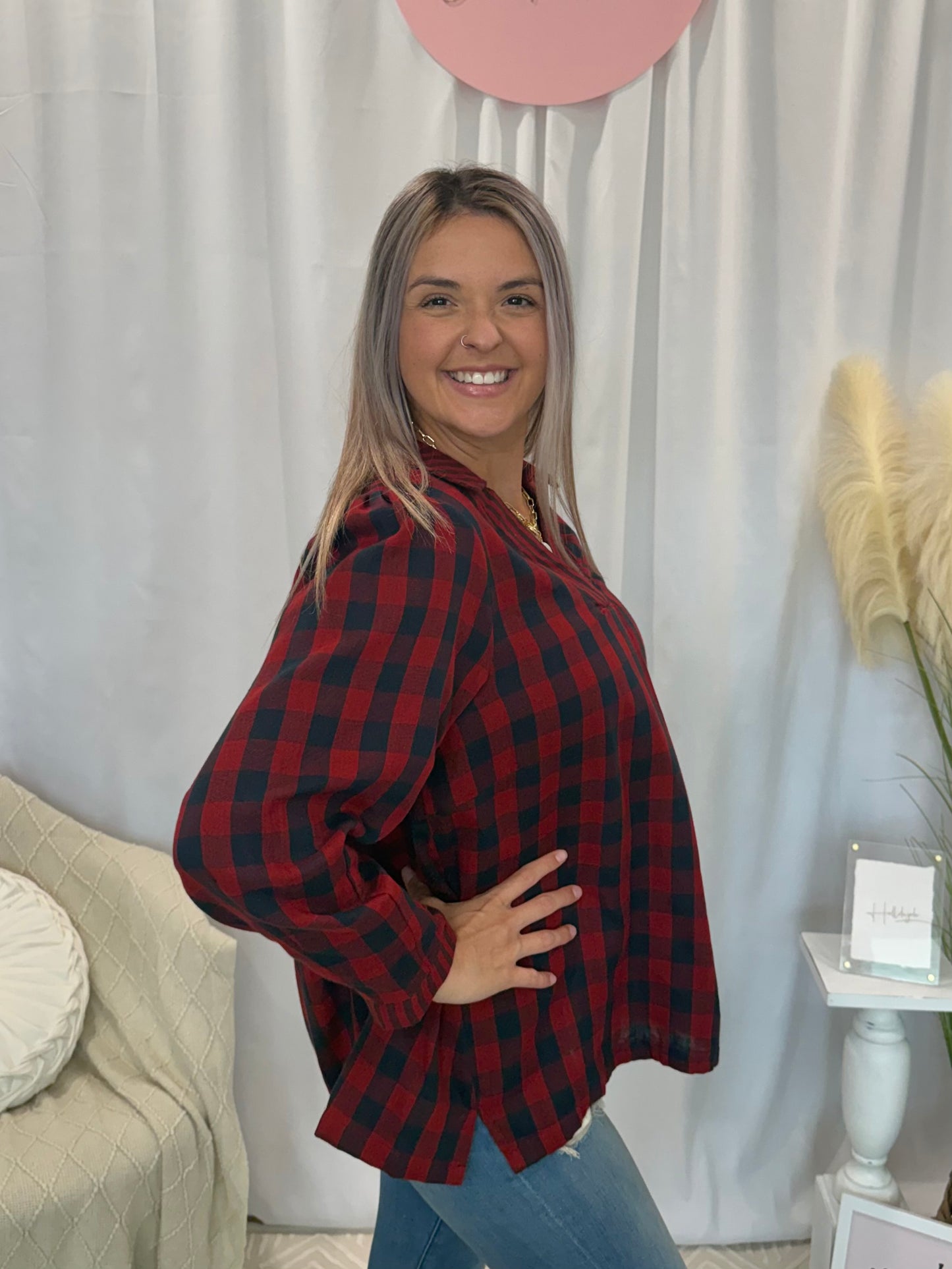 Muddled Cherry Plaid Top