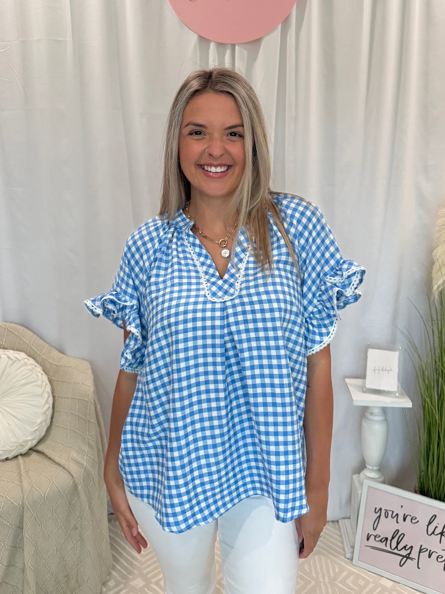 Blueberry Ruffle Gingham Top