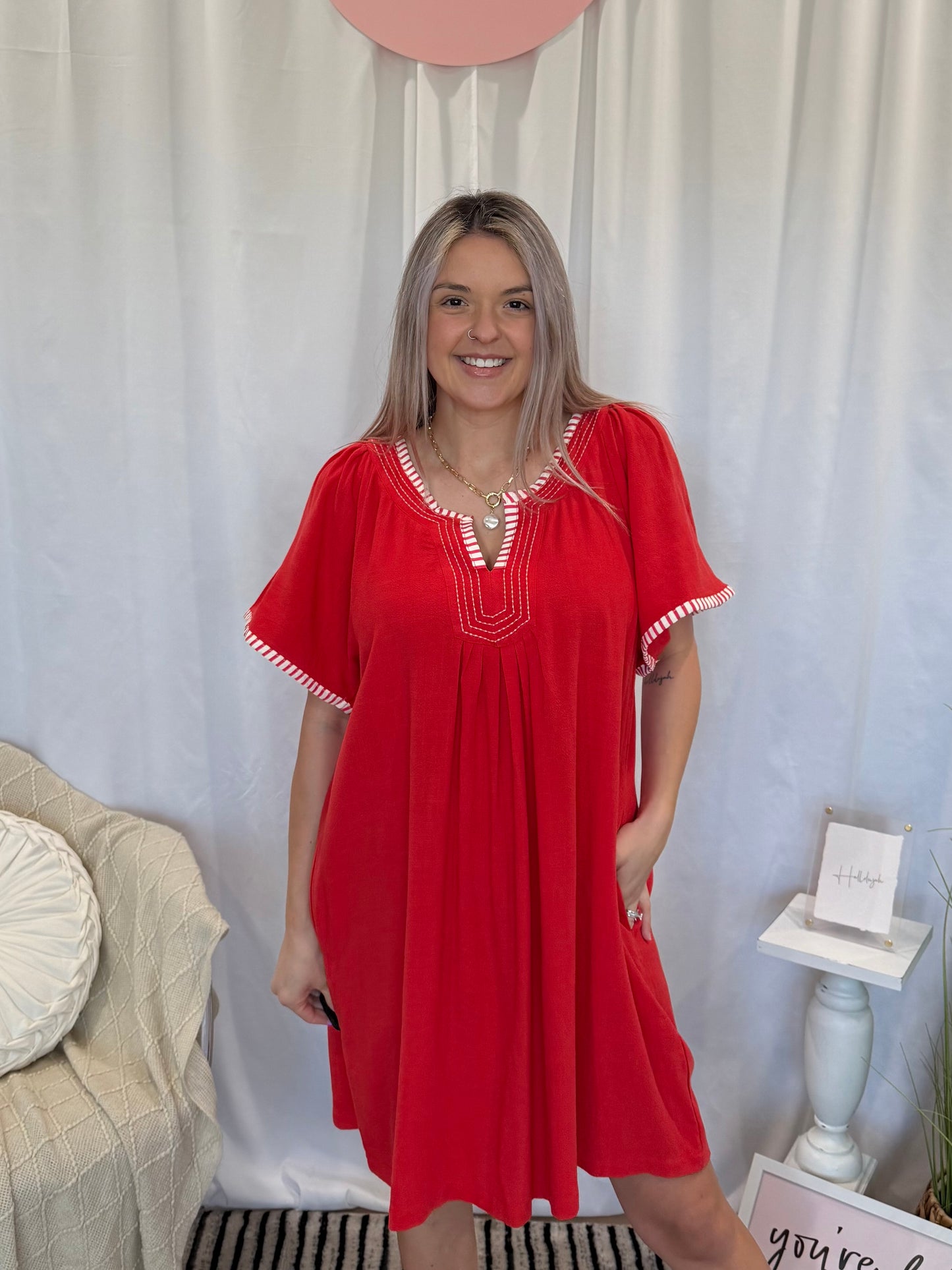 Pop of Red Dress (Pockets!)