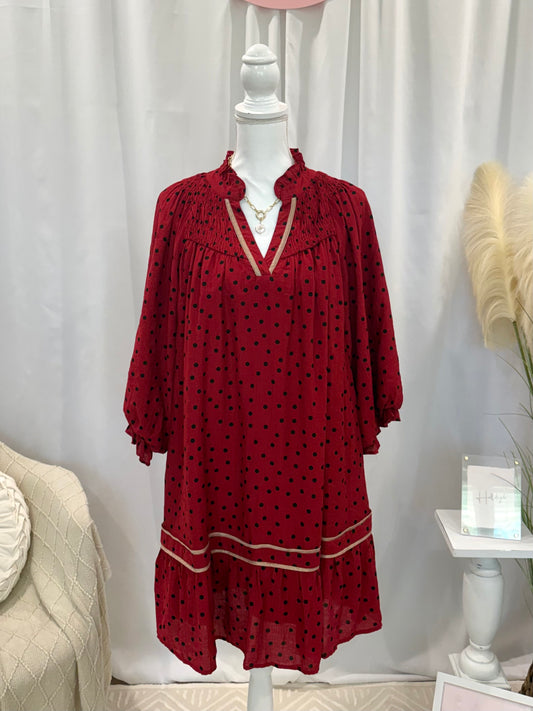 Cranberry Polka Dot Dress (Pockets!)