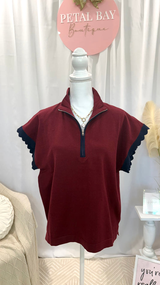 Scalloped Maroon Zip Top
