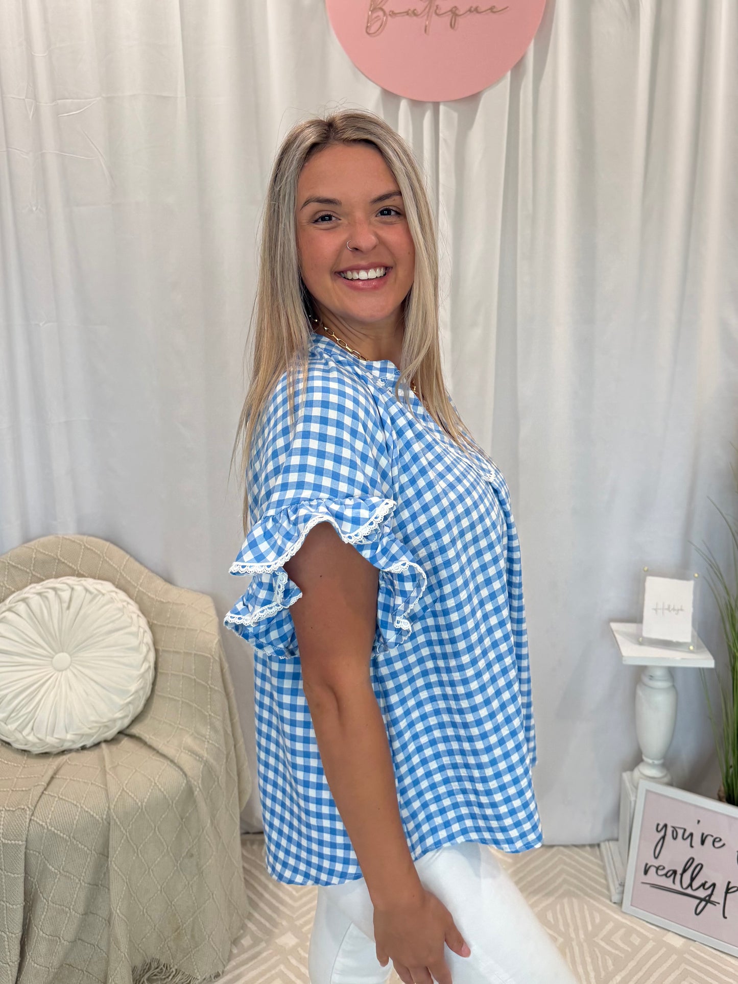 Blueberry Ruffle Gingham Top